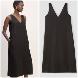 EVERLANE  European Flax Linen V Neck Midi Dress Size XL Black Eyelet Lagenlook